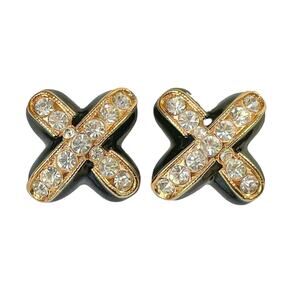 Black Enamel White Rhinestone Gold Plated X Marks the Spot Kiss Clip On Earrings
